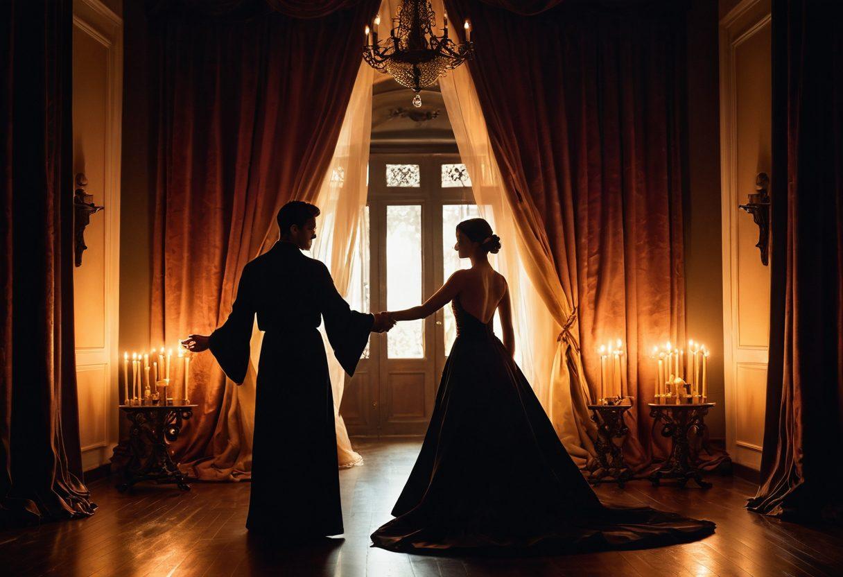 A mysterious, dimly lit room adorned with soft velvet drapes and flickering candles, creating an inviting and intimate ambiance. A male figure is centered, elegantly gesturing towards an ethereal mist that swirls around, symbolizing desire and sensuality. Subtle hints of passion and intimacy are illustrated through intertwining silhouettes in the background. The scene should evoke feelings of mystery and allure. super-realistic. warm colors. soft focus.